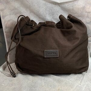 Loewe  Brown  Canvas Clutch with  Leather Crown Drawstring Clutch Bag